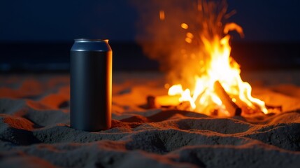 Blank aluminum can mockup on sandy beach with a warm bonfire at night.