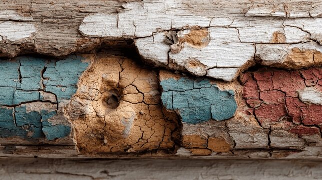 Artistic photograph of cracked paint texture on old wood in earthy tones, revealing layers of history, decay, and natural aging process of materials.