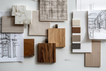Interior moodboard with textures, sketches, and design samples. A clean and modern composition ideal for architectural, furniture, or home decor stock use 