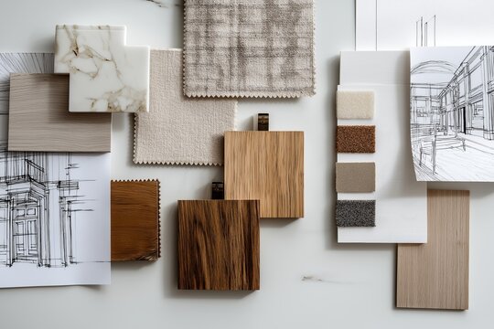 Fototapeta Interior moodboard with textures, sketches, and design samples. A clean and modern composition ideal for architectural, furniture, or home decor stock use 