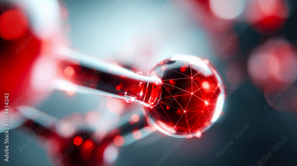 Poster close-up of a glowing red molecular model with digital connections and particles floating against a 