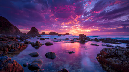 Majestic Dawn: Vibrant Purple Aurora Over Coastal Rocks