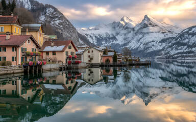 Fototapeta premium Idyllic Lakeside Village in Austria A Serene Reflection of Architecture and Nature Under a Winter Sky with Snow Capped Mountains in the Background Creating Tranquility