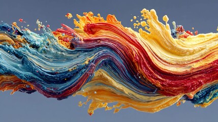Artistic shot of swirling oil paint on a smooth surface blending vibrant reds, blues, and yellows, illustrating fluid motion, creativity, and the unpredictable nature of art.