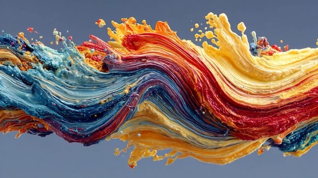 Artistic shot of swirling oil paint on a smooth surface blending vibrant reds, blues, and yellows, illustrating fluid motion, creativity, and the unpredictable nature of art.