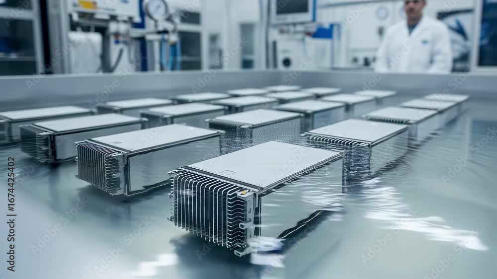 Poster elevated view of multiple battery modules fully immersed in a test basin fluid demonstrating innovat
