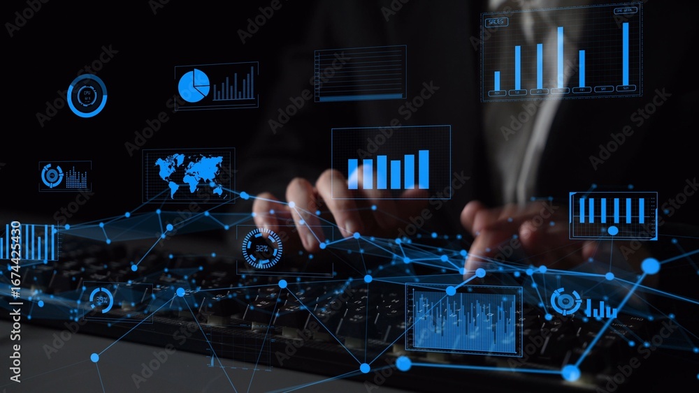 Poster a business professional interacts with a computer, showcasing advanced digital analytics. graphs and