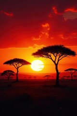 Sunset over African savanna, acacia trees silhouetted against fiery sky, horizon, stock photo, african savanna