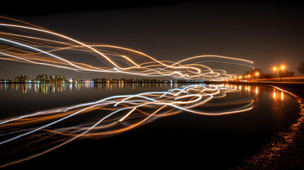 Luminous Reflections: Light Trails Dancing on Water at Night