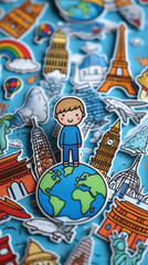 Child dreaming of traveling around the world with stickers
