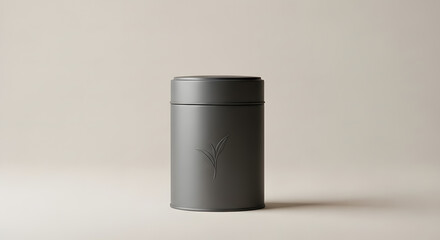 Minimalist grey tea canister with a subtle leaf emblem, isolated on a neutral background, conveying elegance and simplicity in beverage storage