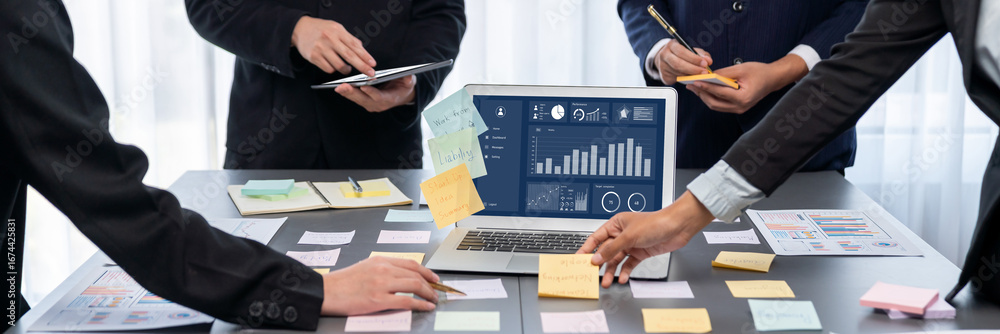 Poster analyst team use sticky note for creative and analytic brainstorm for business idea with bi data das