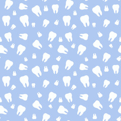 Seamless pattern with teeth. White teeth on light blue background. Oral care medicine design. Dental hand drawn tooth pattern