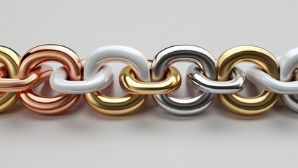 A series of interconnected metallic links, showcasing a polished gold, rose gold, white metal, and silver chain.