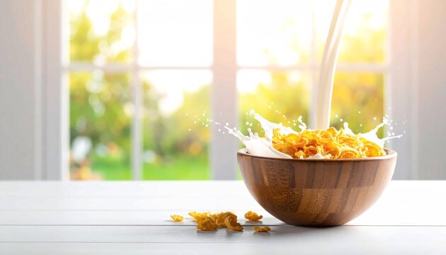 Milk splashing into a wooden bowl filled with crispy corn flakes, a dynamic and appetizing breakfast scene, set on a white wooden table with a bright, sunny window in the background, lifestyle food 