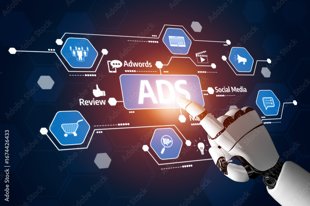 Poster a futuristic robot hand reaches out to interact with digital advertising icons in a tech-inspired se
