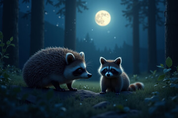 Fototapeta premium Raccoon and hedgehog interacting under moonlight in forest 