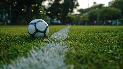 Soccer ball on green grass field with white line.