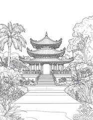 Asian temple drawing, tranquil scene