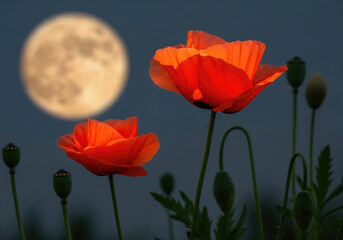 Obraz premium Glowing poppies under full moonlight with dark background—evocative floral scene blending natural beauty, contrast, and nighttime serenity.