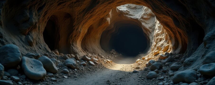 Dark, damp cave entrance, ancient bones visible, secretive, cave system