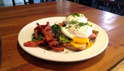 Poached eggs, avocado, bacon, and toast breakfast