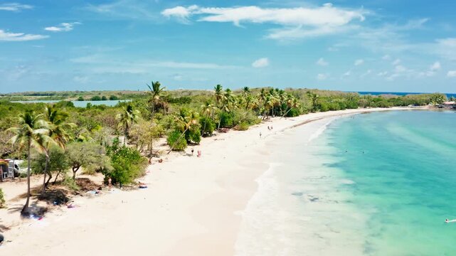 Salines Beach fly over in Sainte-Anne, Martinique, France. Salines Beach is a popular tourist destination along Coastal State Forest.