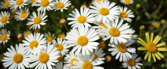 Fototapeta premium Close-up of blossoming white daisies with yellow centers, vibrant nature scene, field, outdoor, closeup