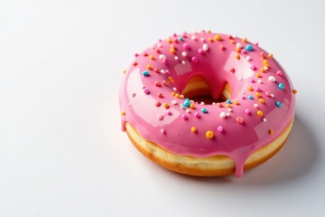 Round donut with vibrant pink glaze and multicolored sprinkles on a clean white background, cake, donuts