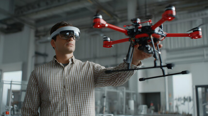 robotics engineer testing AI-guided drone in controlled environment, technical dashboard in AR