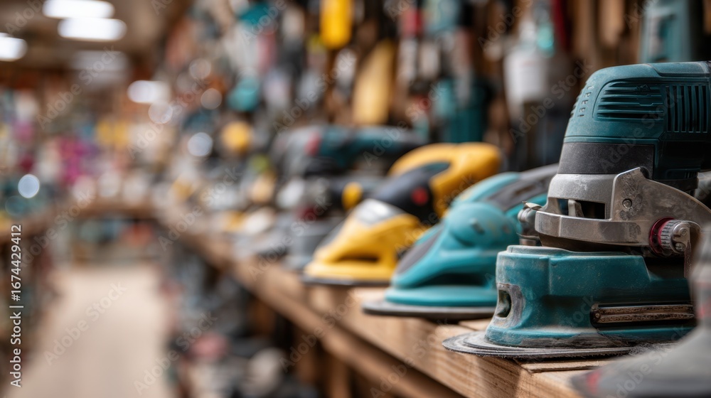 Poster medium shot showing an assortment of sanders on display with one sander held in focus against an ind