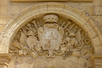 Baroque coat of arms of Grand Master Vilhena above Mdina Gate, Malta, Mdina