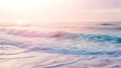 Fototapeta premium Gentle ocean waves kissing the shoreline under a soft pastel sunset sky