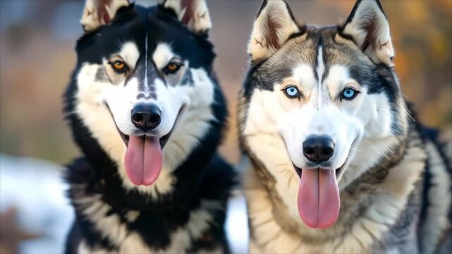 Two huskies close up portrait