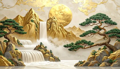 Scenic landscape with golden mountains, waterfalls, pine trees, and large golden moon