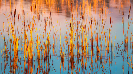 Tranquil Sunset: Marsh Water Mirroring Golden Cattails