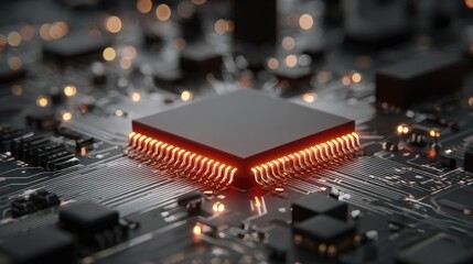 Close-up of a black CPU chip on a circuit board, glowing orange
