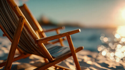 Wooden deck chairs on sandy beach facing ocean waves at sunset