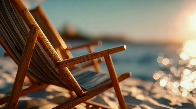Wooden deck chairs on sandy beach facing ocean waves at sunset