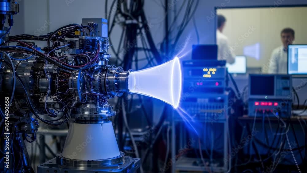 Poster industrial laboratory capturing the dynamic plasma discharge from a satellite ion engine firing unde