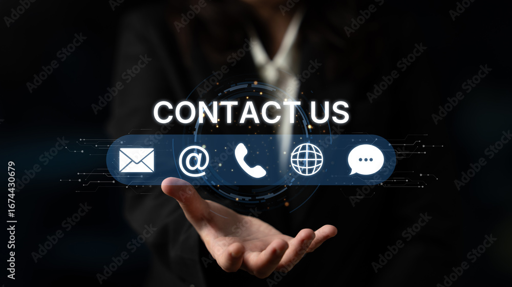 Poster ui concept for contact us section showing icons for email, web, phone, and message. contact and supp