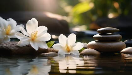 Fototapeta premium spa still life with white flowers and stones on water surface for wellness branding photography calm peaceful scene