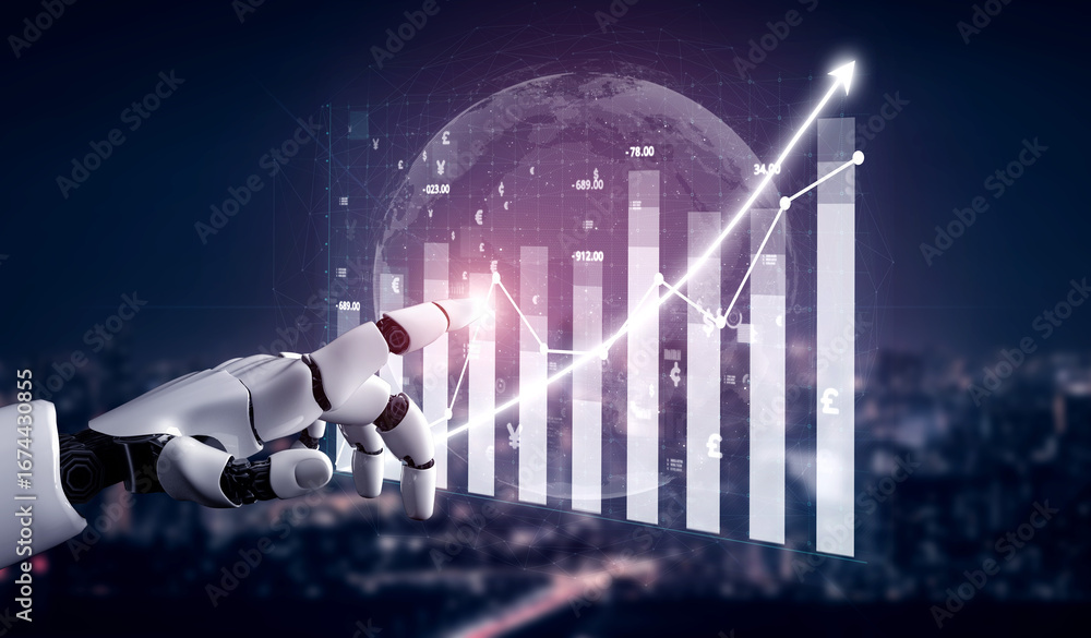 Poster a robotic hand reaches out to interact with a digital data visualization illustrating stock market g