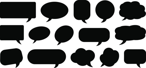 Speech bubble silhouettes, black chat icons, communication symbols, conversation shapes, talk bubbles, message clouds, dialogue boxes, isolated vector icons