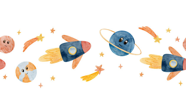 Seamless border with space rocket, planets and srars. Watercolor cute drawing for kids fabric, textile, nursery wallpaper.