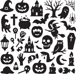 A spooky set of Halloween icons with cartoon pumpkin, ghost, and bat illustrations