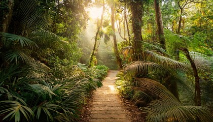 serene jungle pathway bathed in soft golden light lush greenery framing a tranquil escape in a vibrant nature setting