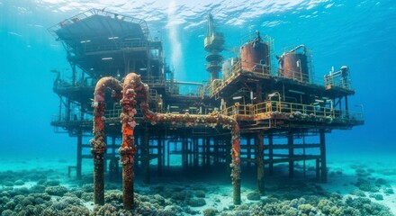 An underwater oil rig, rusted and overgrown with marine life, rests amidst a vibrant coral reef.
