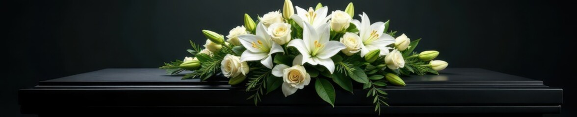 Elegant white lilies and roses atop a black casket , pure, sadness, beautiful