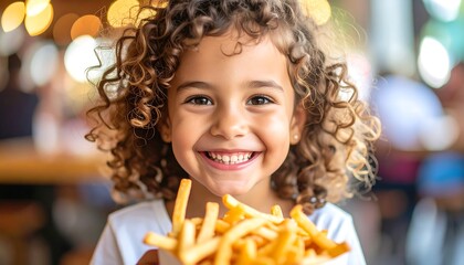 Joyful child with curly hair smiles, holding a container of golden, crispy fries in a restaurant